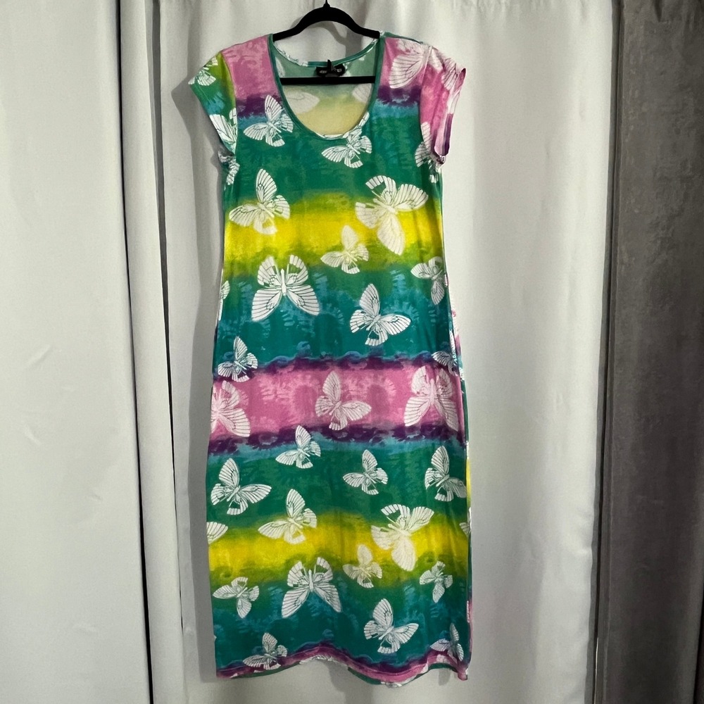 Jennifer Lauren Butterfly T-Shirt Maxi Dress Womens L Multi Tie-Dye Hippie Boho
